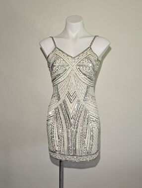 Altar'd State Ivory and Silver Sequin Beaded Mini Dress